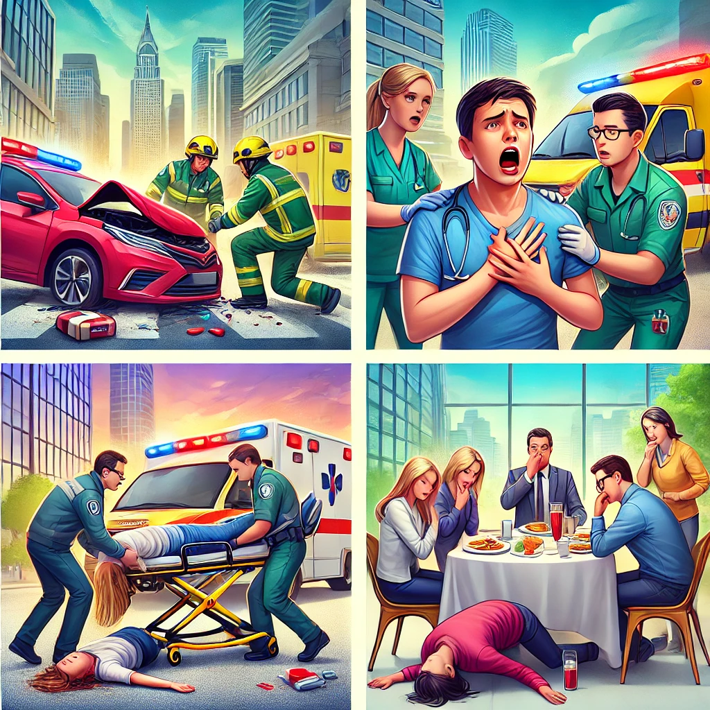 common emergencies, heart attack,road accident,stroke, bleeding