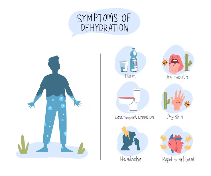 symptoms of severe dehydration, thirst, dry mouth, less frequent, urination, dry skin,headache, rapid heart beat, emergency treatment for severe dehydration