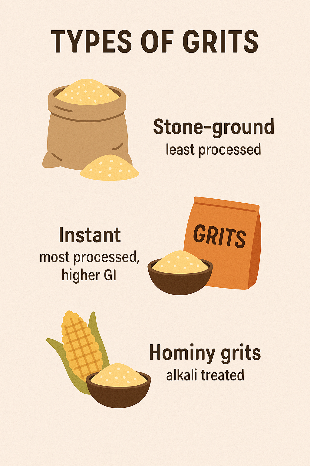 types of grits
 infographic image for grits
hominy grits
instant grits
stone ground grits
